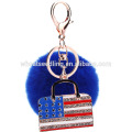 Fashion bag charm fur ball keychain with crystal America flag